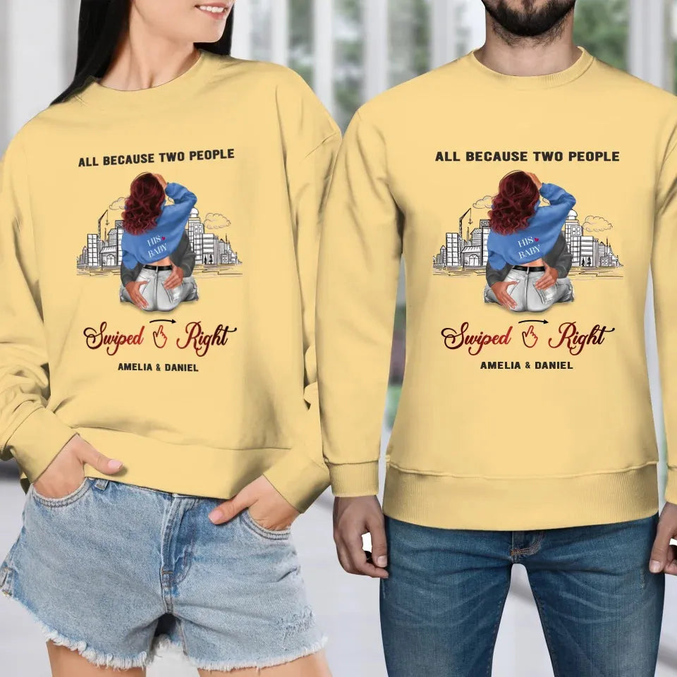 All Because Two People Swiped Right - Personalized Gifts For Couple - Unisex Sweater