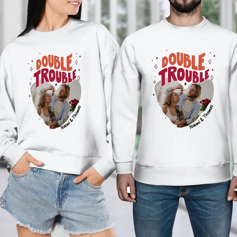 Double Trouble With Heart Frames - Personalized Gifts For Couple - Unisex Sweater