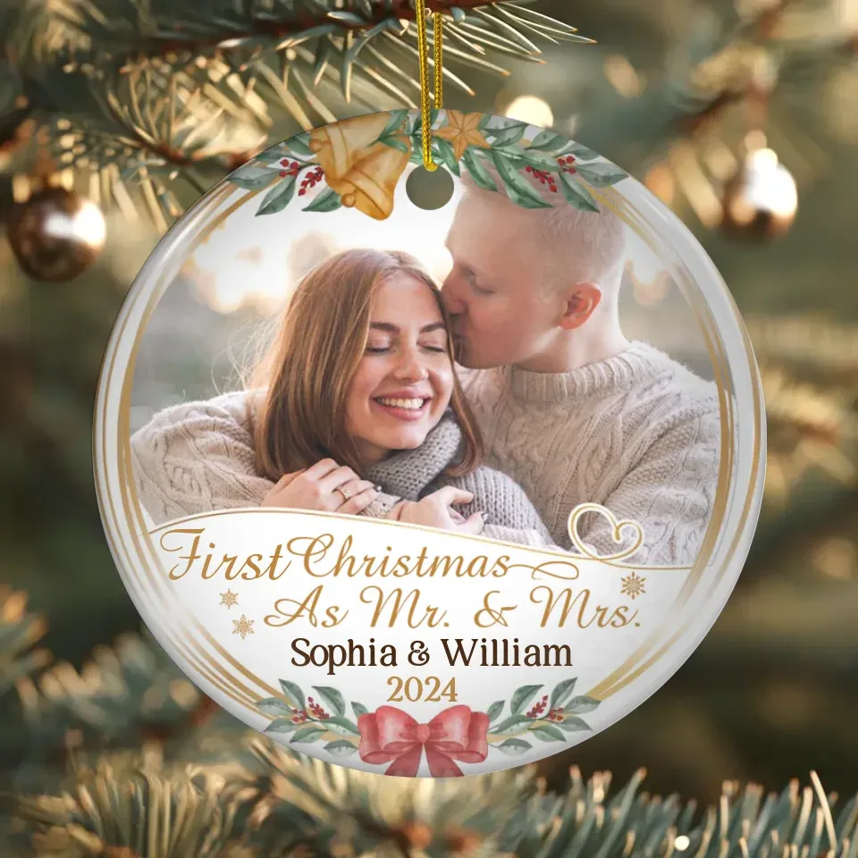 Custom Photo First Christmas As Mr & Mrs - Personalized Gift For Couple - Ornament