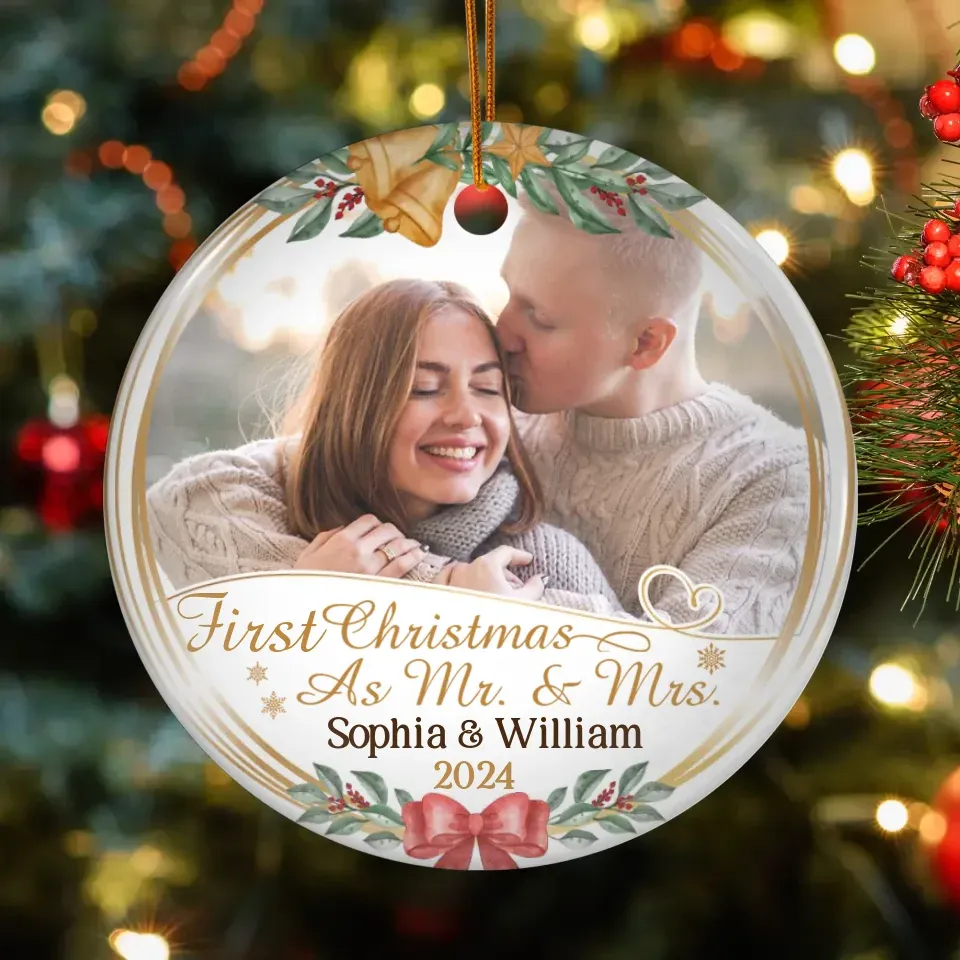 Custom Photo First Christmas As Mr & Mrs - Personalized Gift For Couple - Ornament