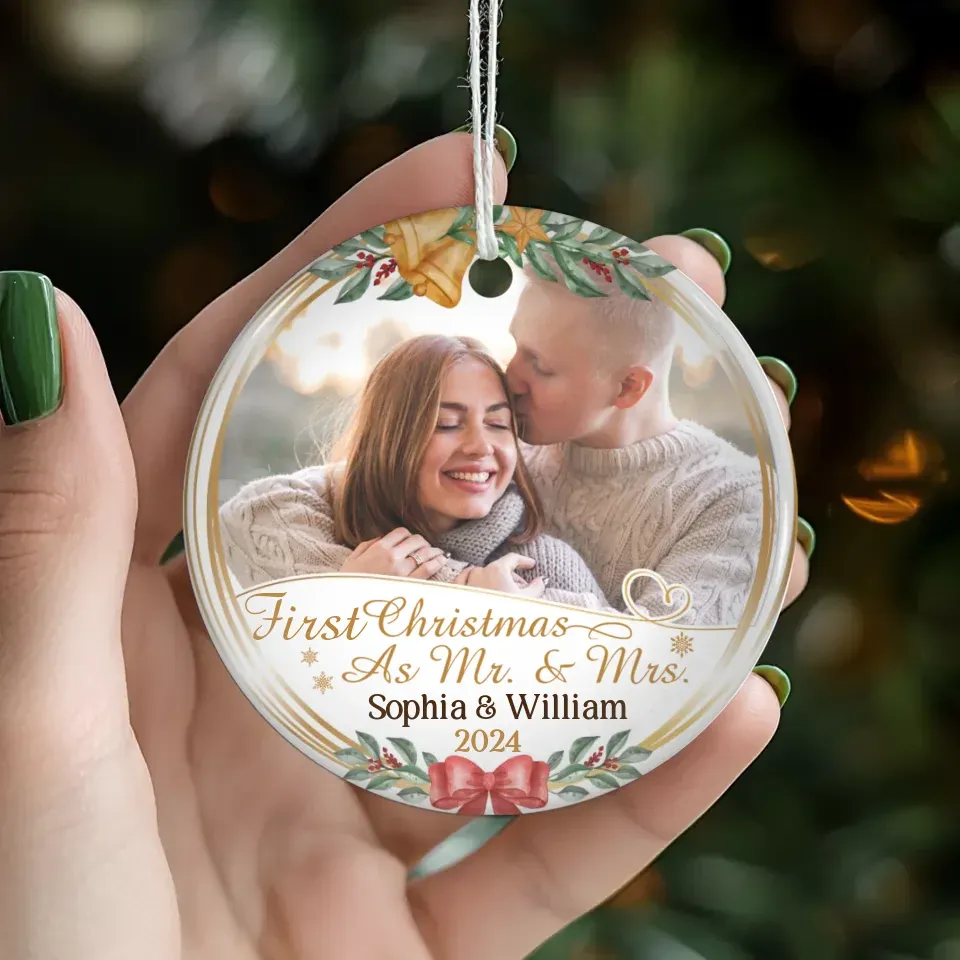 Custom Photo First Christmas As Mr & Mrs - Personalized Gift For Couple - Ornament