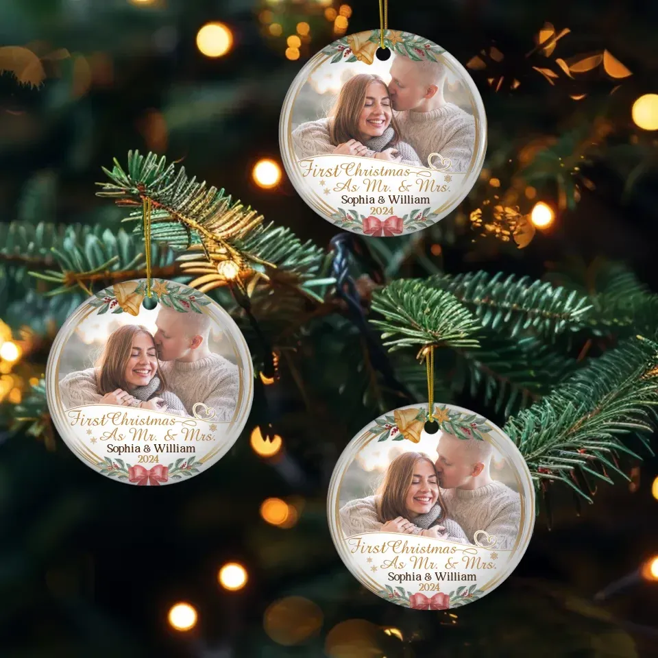 Custom Photo First Christmas As Mr & Mrs - Personalized Gift For Couple - Ornament