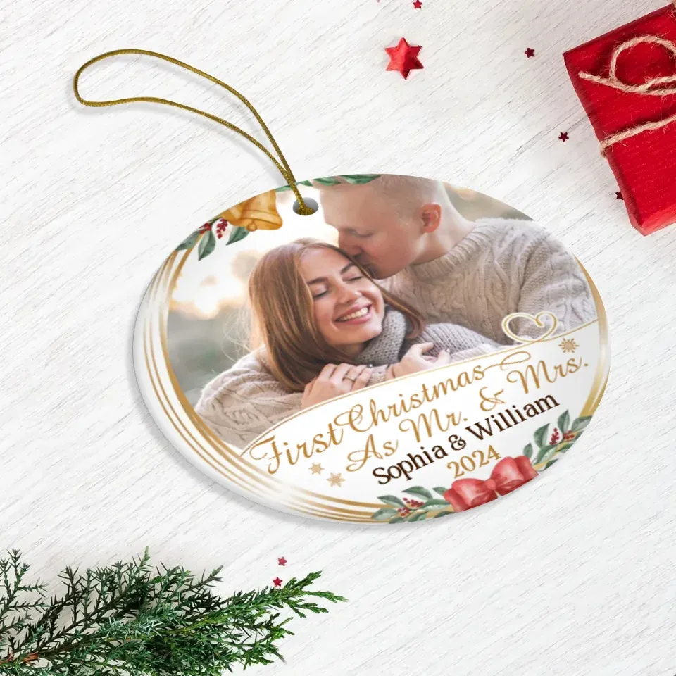 Custom Photo First Christmas As Mr & Mrs - Personalized Gift For Couple - Ornament