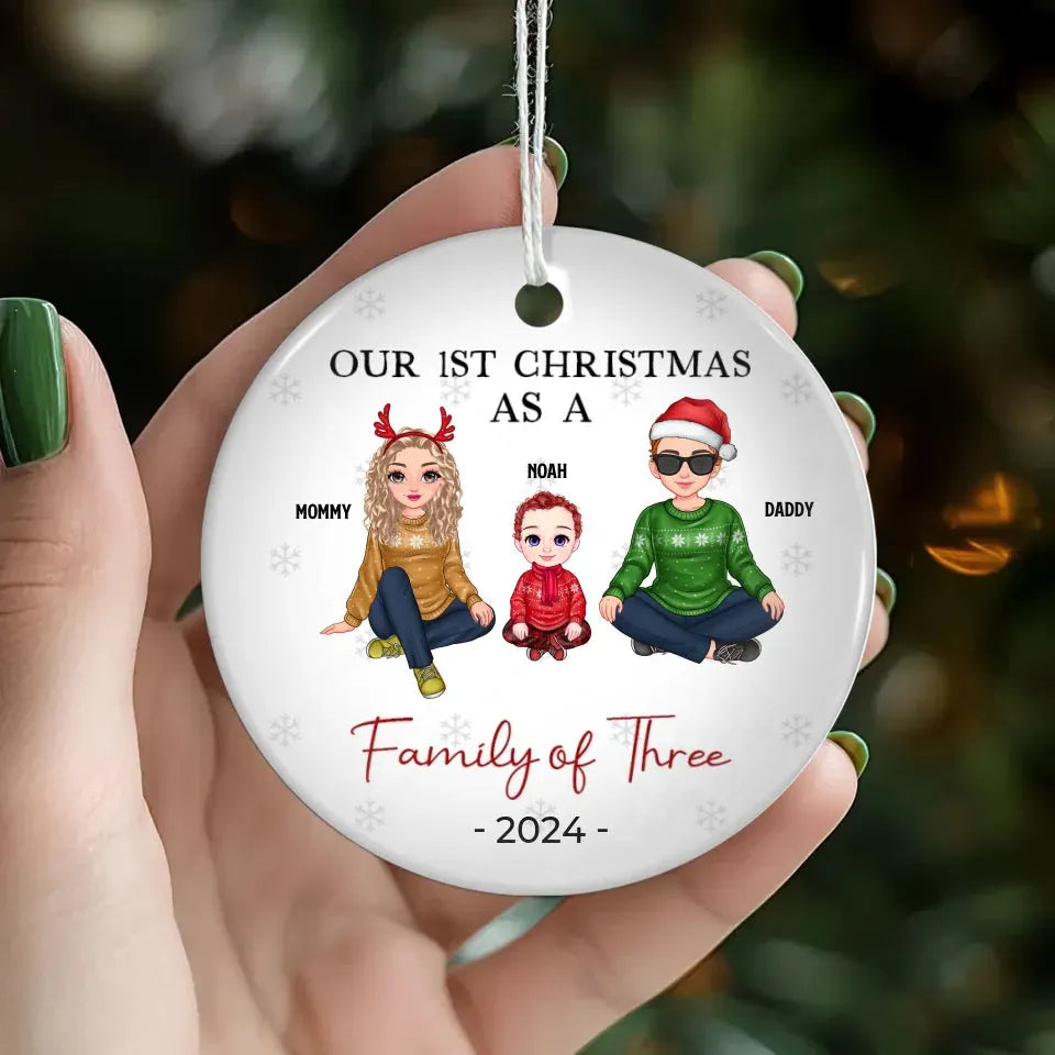 First Christmas As A Family Of Three Flat Art - Personalized Gift For Couple - Ornament