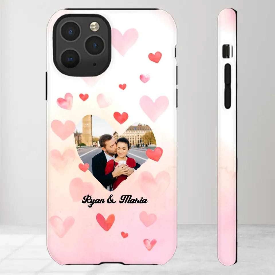 Valentine With Heart Background Couple - 
Personalized Gifts For Couples - Tough Phone Case