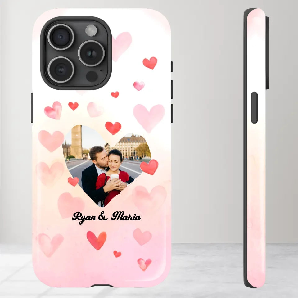 Valentine With Heart Background Couple - 
Personalized Gifts For Couples - Tough Phone Case