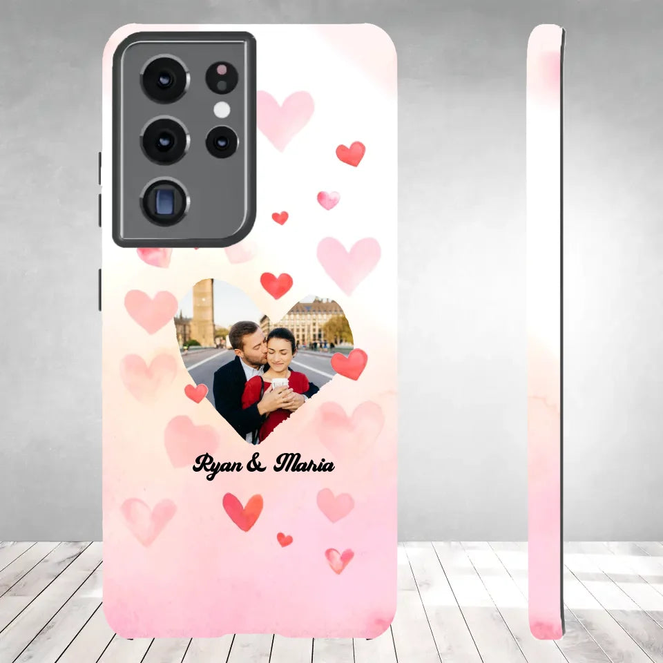 Valentine With Heart Background Couple - 
Personalized Gifts For Couples - Tough Phone Case