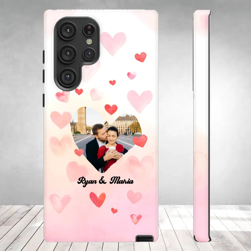 Valentine With Heart Background Couple - 
Personalized Gifts For Couples - Tough Phone Case