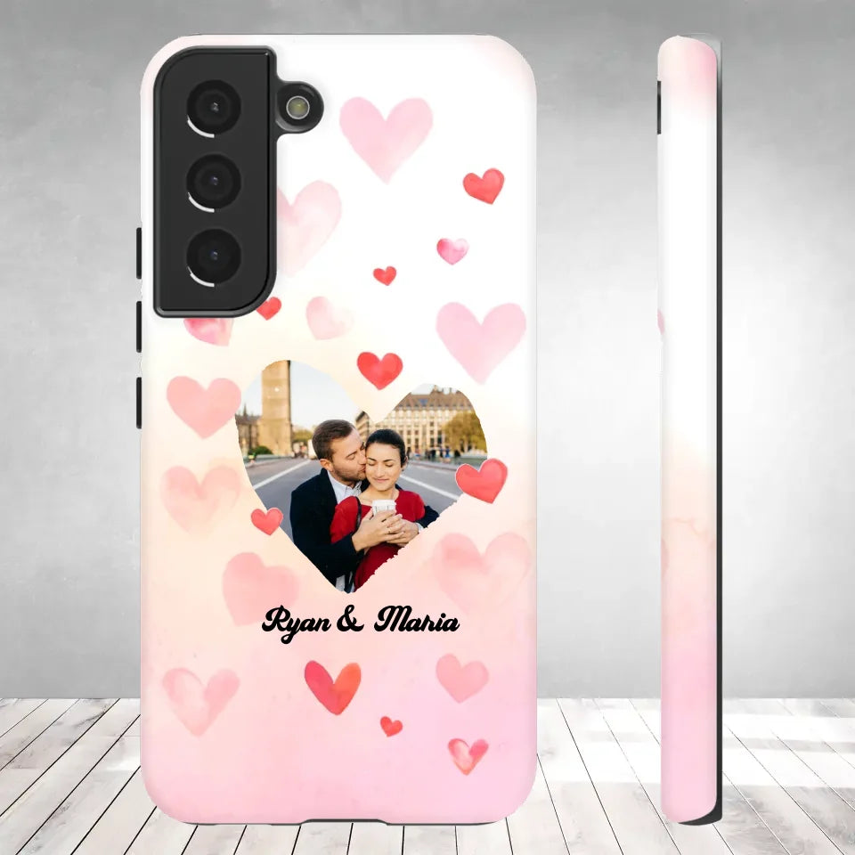 Valentine With Heart Background Couple - 
Personalized Gifts For Couples - Tough Phone Case