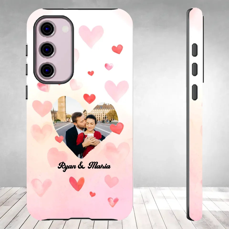 Valentine With Heart Background Couple - 
Personalized Gifts For Couples - Tough Phone Case