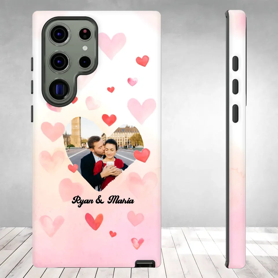 Valentine With Heart Background Couple - 
Personalized Gifts For Couples - Tough Phone Case