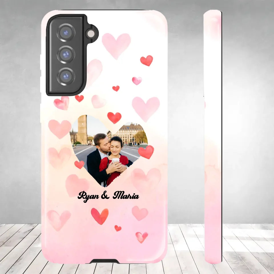 Valentine With Heart Background Couple - 
Personalized Gifts For Couples - Tough Phone Case