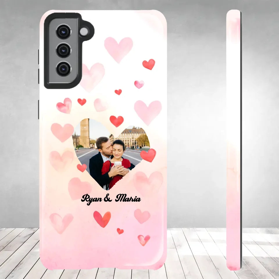 Valentine With Heart Background Couple - 
Personalized Gifts For Couples - Tough Phone Case