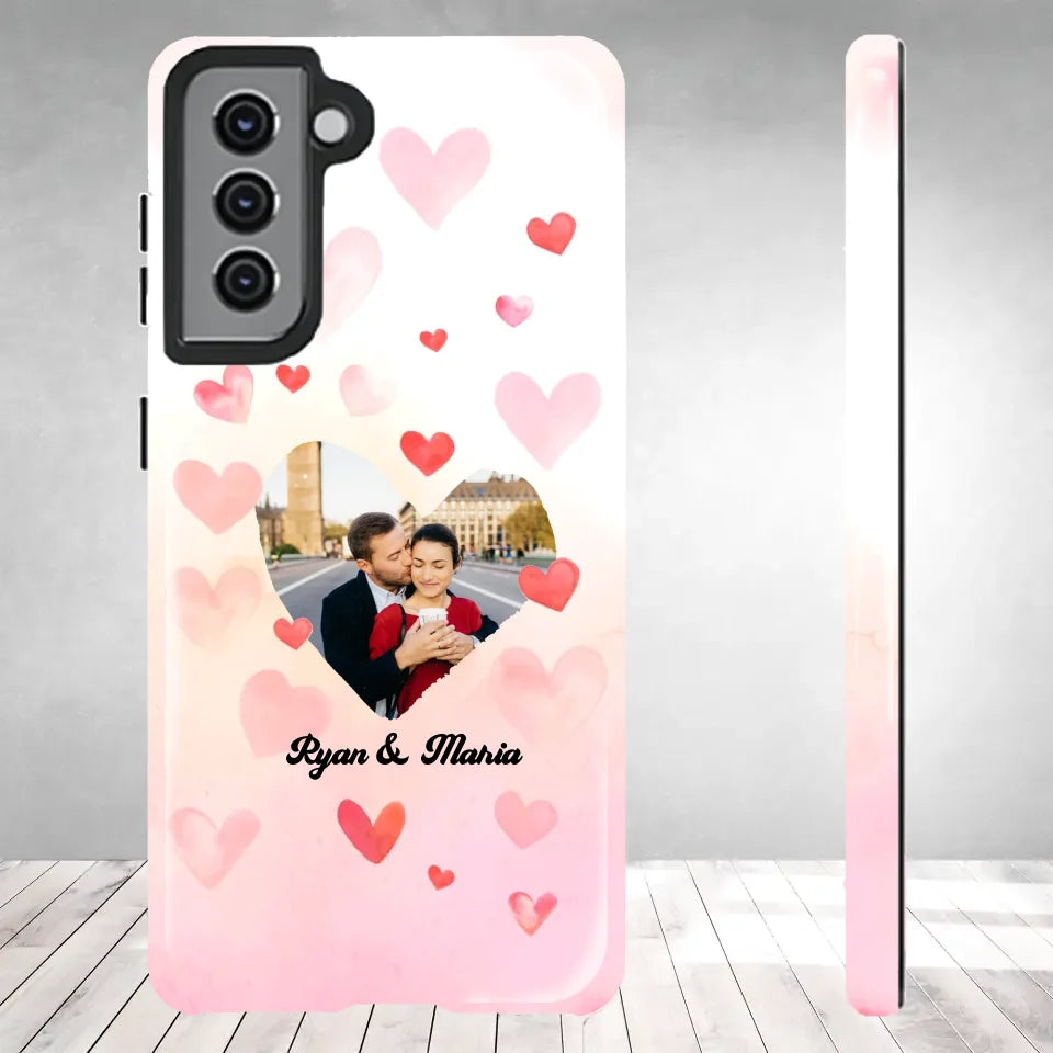 Valentine With Heart Background Couple - 
Personalized Gifts For Couples - Tough Phone Case