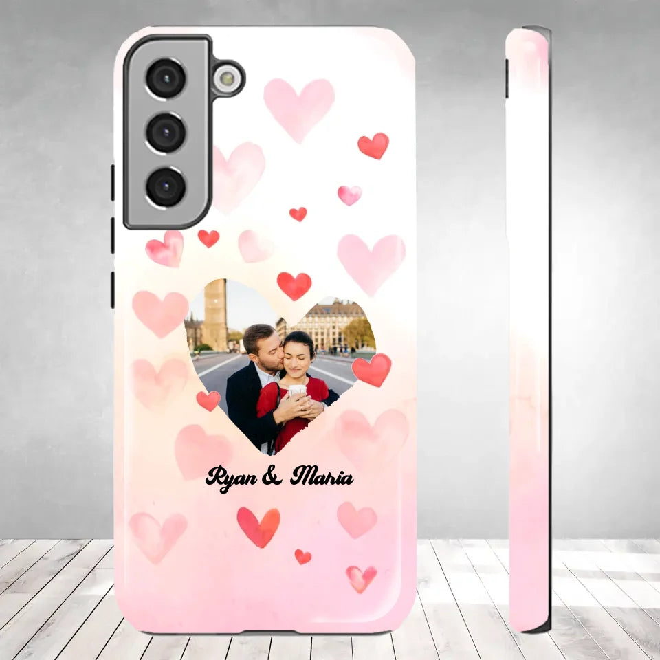 Valentine With Heart Background Couple - 
Personalized Gifts For Couples - Tough Phone Case