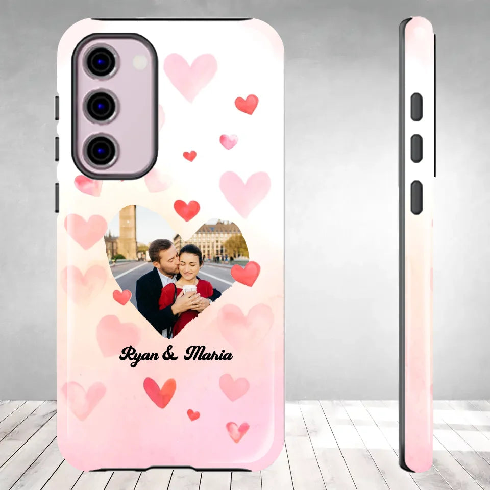 Valentine With Heart Background Couple - 
Personalized Gifts For Couples - Tough Phone Case