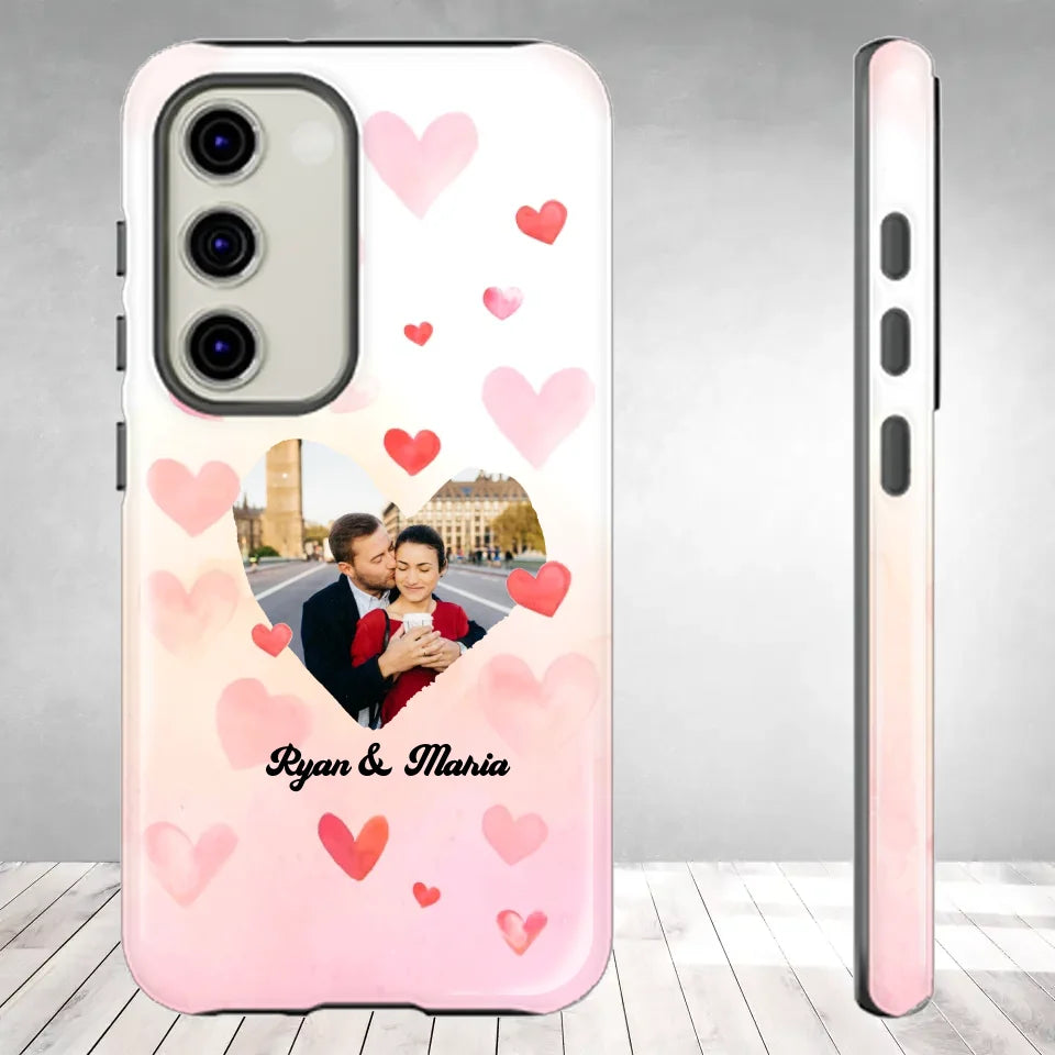 Valentine With Heart Background Couple - 
Personalized Gifts For Couples - Tough Phone Case