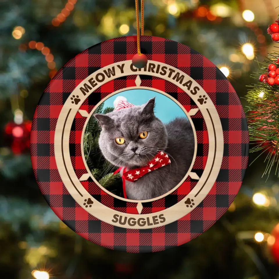 Meowy Christmas - Custom Photo - Personalized Gifts For Cat Lovers - Metal Ornament