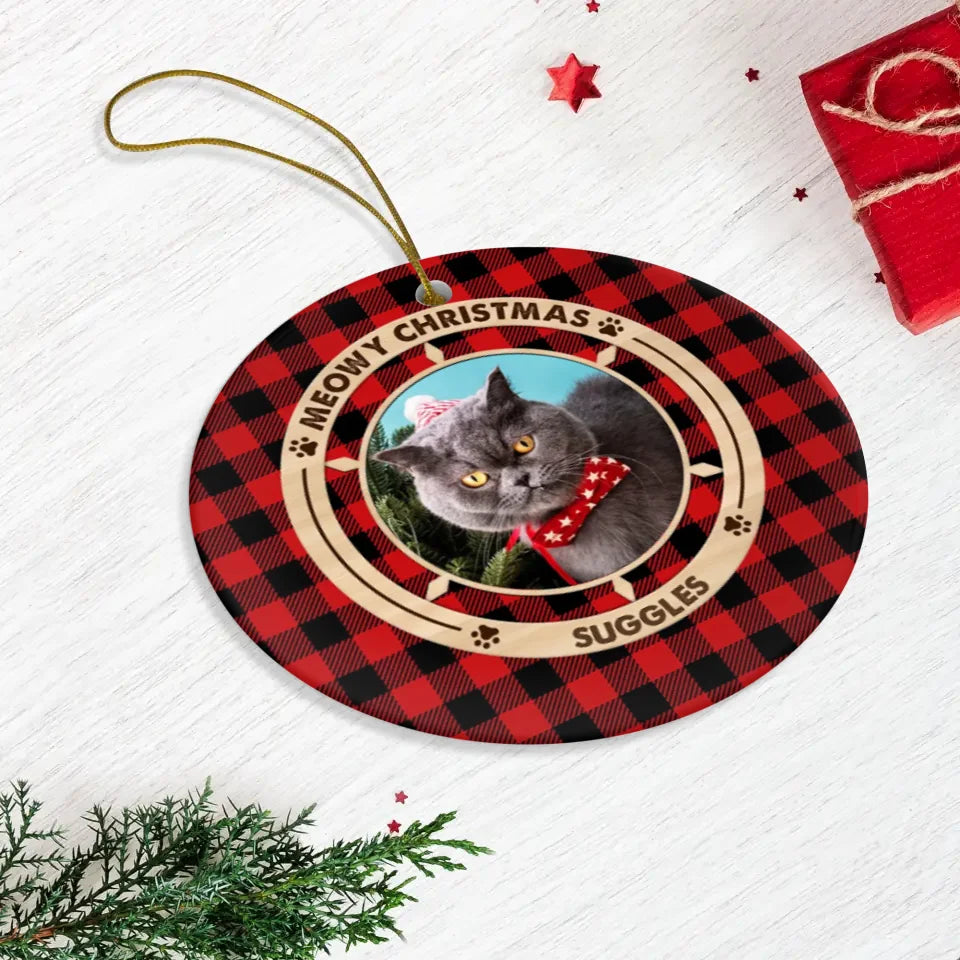 Meowy Christmas - Custom Photo - Personalized Gifts For Cat Lovers - Metal Ornament