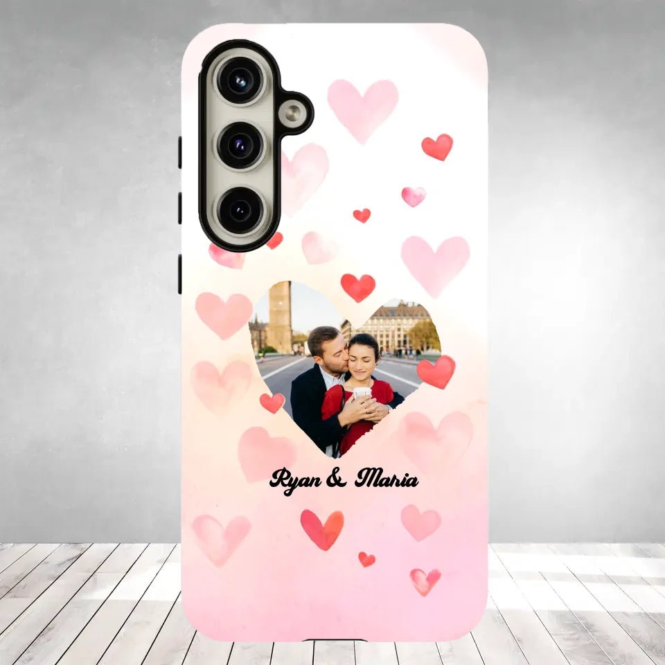 Valentine With Heart Background Couple - 
Personalized Gifts For Couples - Tough Phone Case