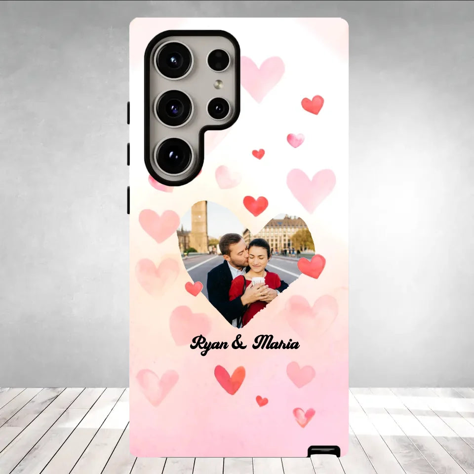 Valentine With Heart Background Couple - 
Personalized Gifts For Couples - Tough Phone Case