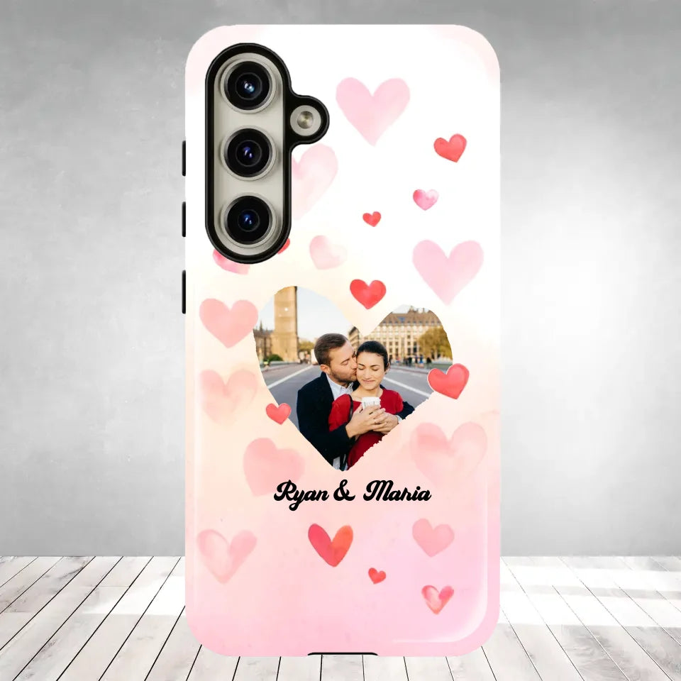 Valentine With Heart Background Couple - 
Personalized Gifts For Couples - Tough Phone Case