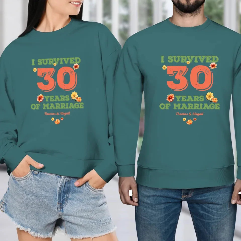 I Survived Years Of Marriage Retro Flowers - Personalized Gifts For Couples - Unisex Sweater