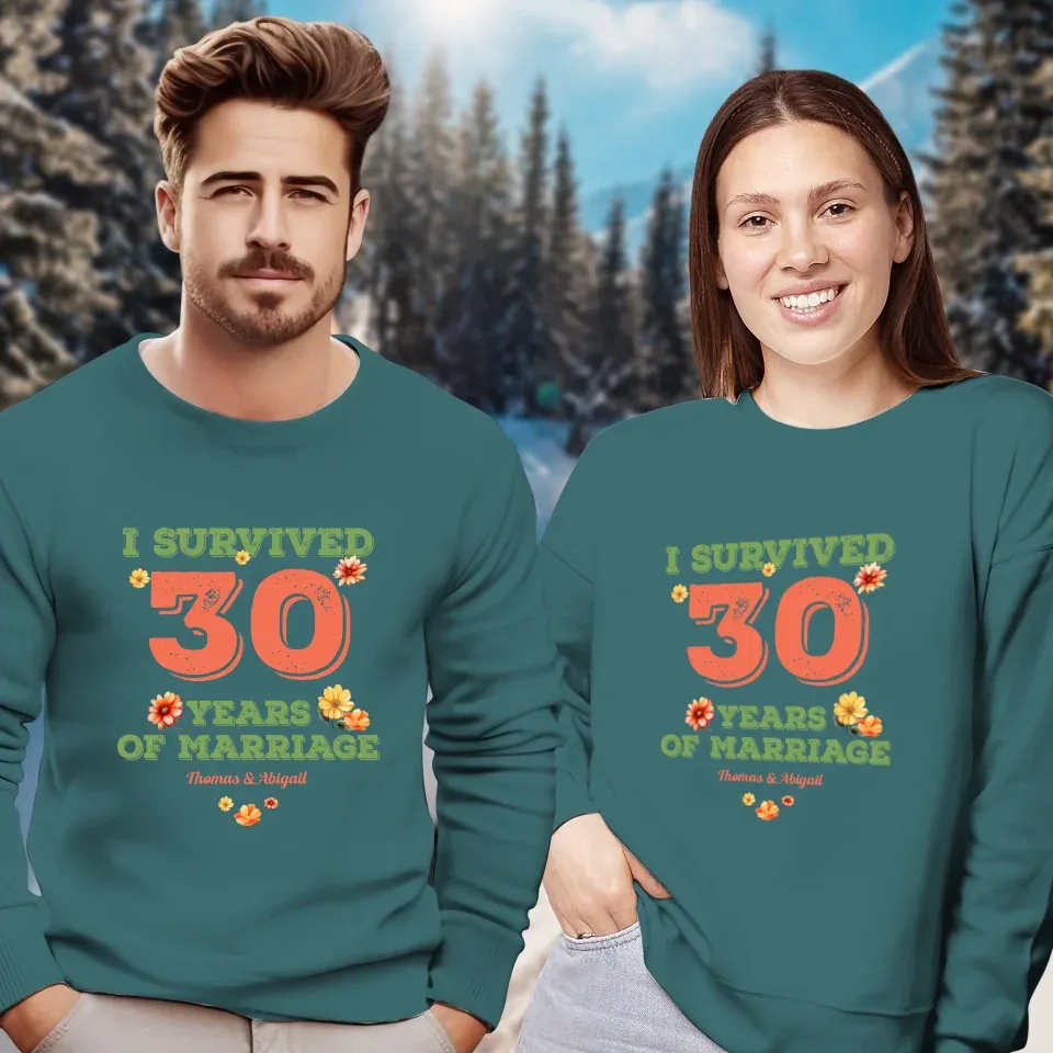 I Survived Years Of Marriage Retro Flowers - Personalized Gifts For Couples - Unisex Sweater