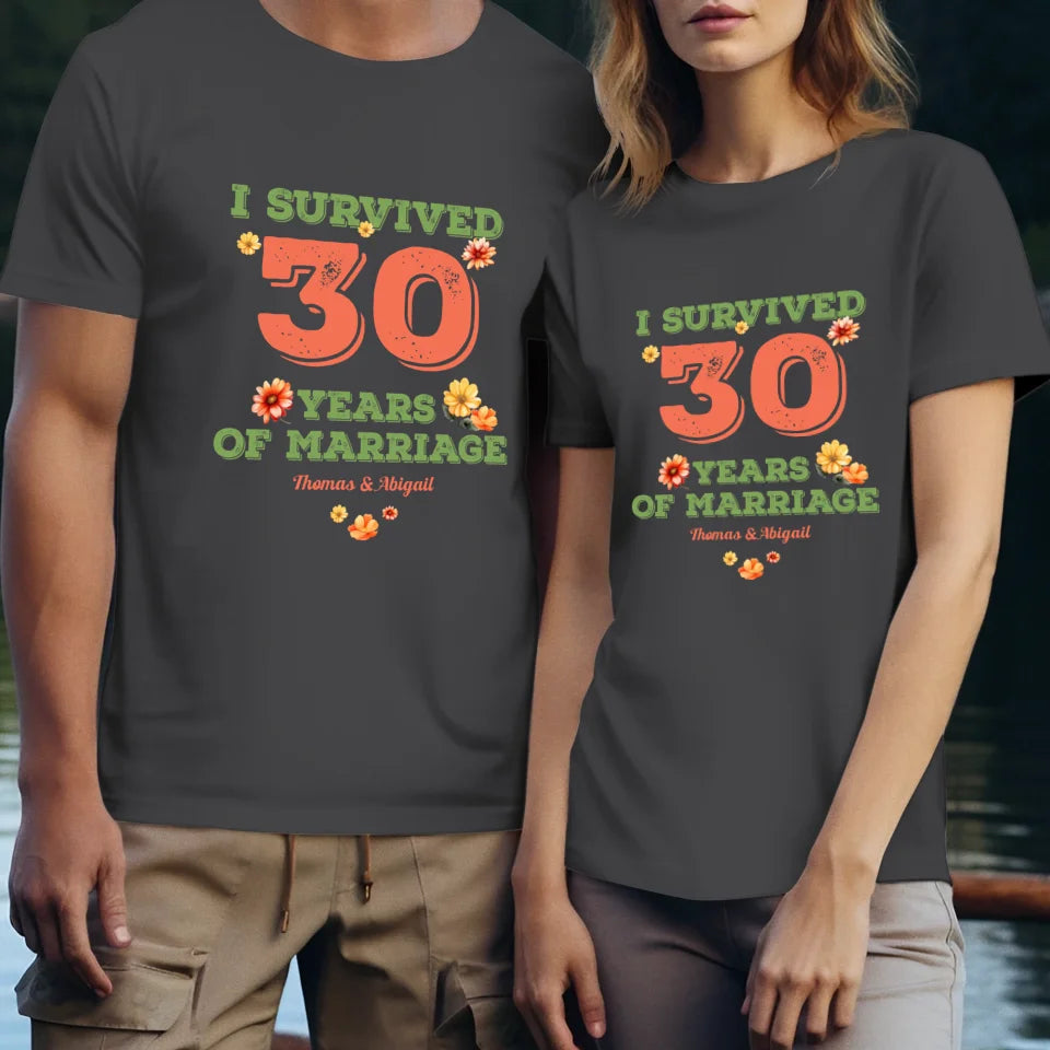 I Survived Years Of Marriage Retro Flowers - Personalized Gifts For Couples - Unisex T-Shirt