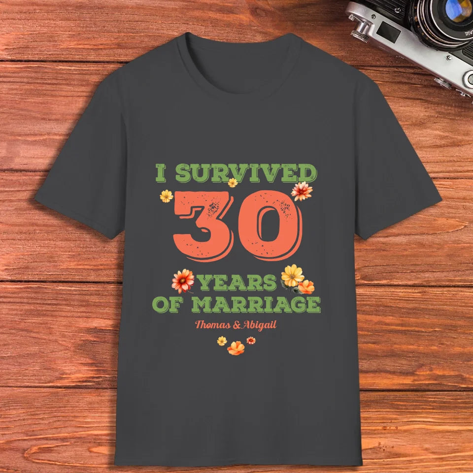 I Survived Years Of Marriage Retro Flowers - Personalized Gifts For Couples - Unisex T-Shirt