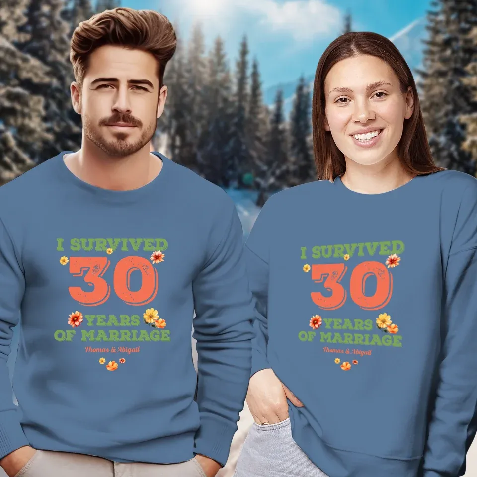 I Survived Years Of Marriage Retro Flowers - Personalized Gifts For Couples - Unisex Sweater