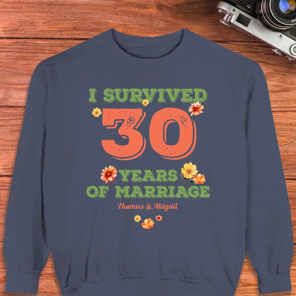 I Survived Years Of Marriage Retro Flowers - Personalized Gifts For Couples - Unisex Sweater