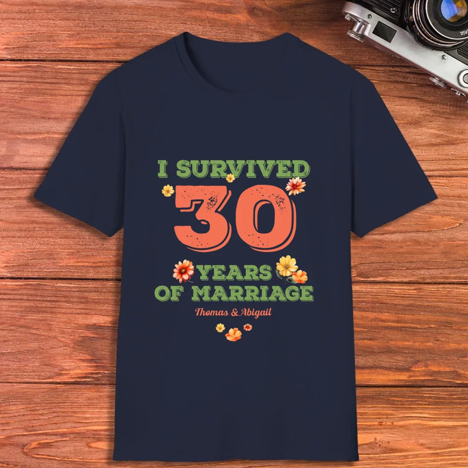 I Survived Years Of Marriage Retro Flowers - Personalized Gifts For Couples - Unisex T-Shirt