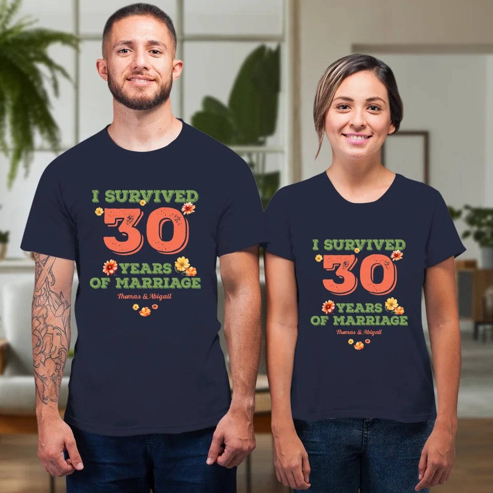 I Survived Years Of Marriage Retro Flowers - Personalized Gifts For Couples - Unisex T-Shirt