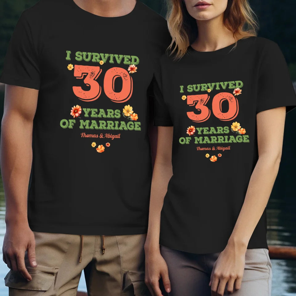 I Survived Years Of Marriage Retro Flowers - Personalized Gifts For Couples - Unisex T-Shirt