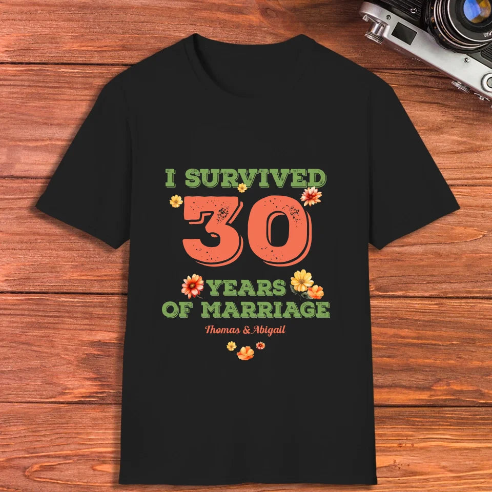 I Survived Years Of Marriage Retro Flowers - Personalized Gifts For Couples - Unisex T-Shirt