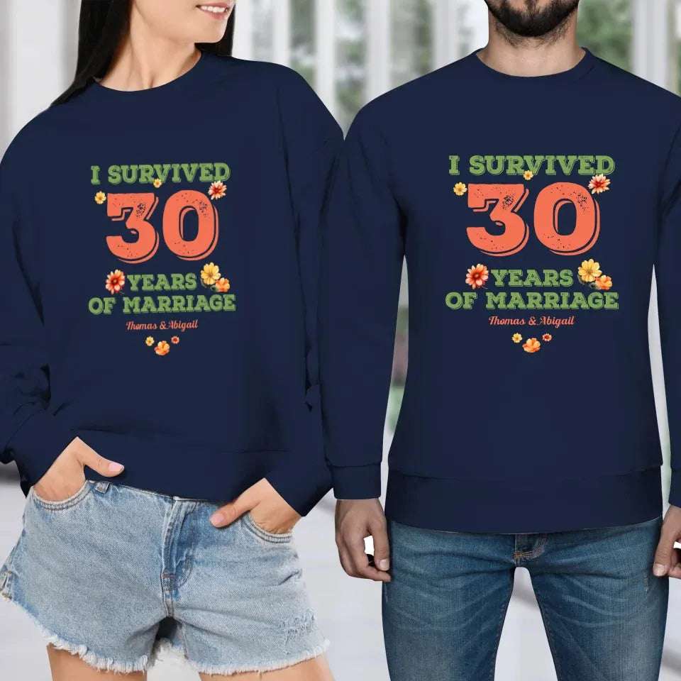 I Survived Years Of Marriage Retro Flowers - Personalized Gifts For Couples - Unisex Sweater