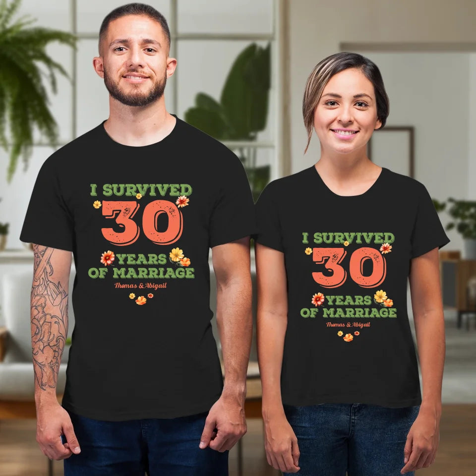 I Survived Years Of Marriage Retro Flowers - Personalized Gifts For Couples - Unisex T-Shirt