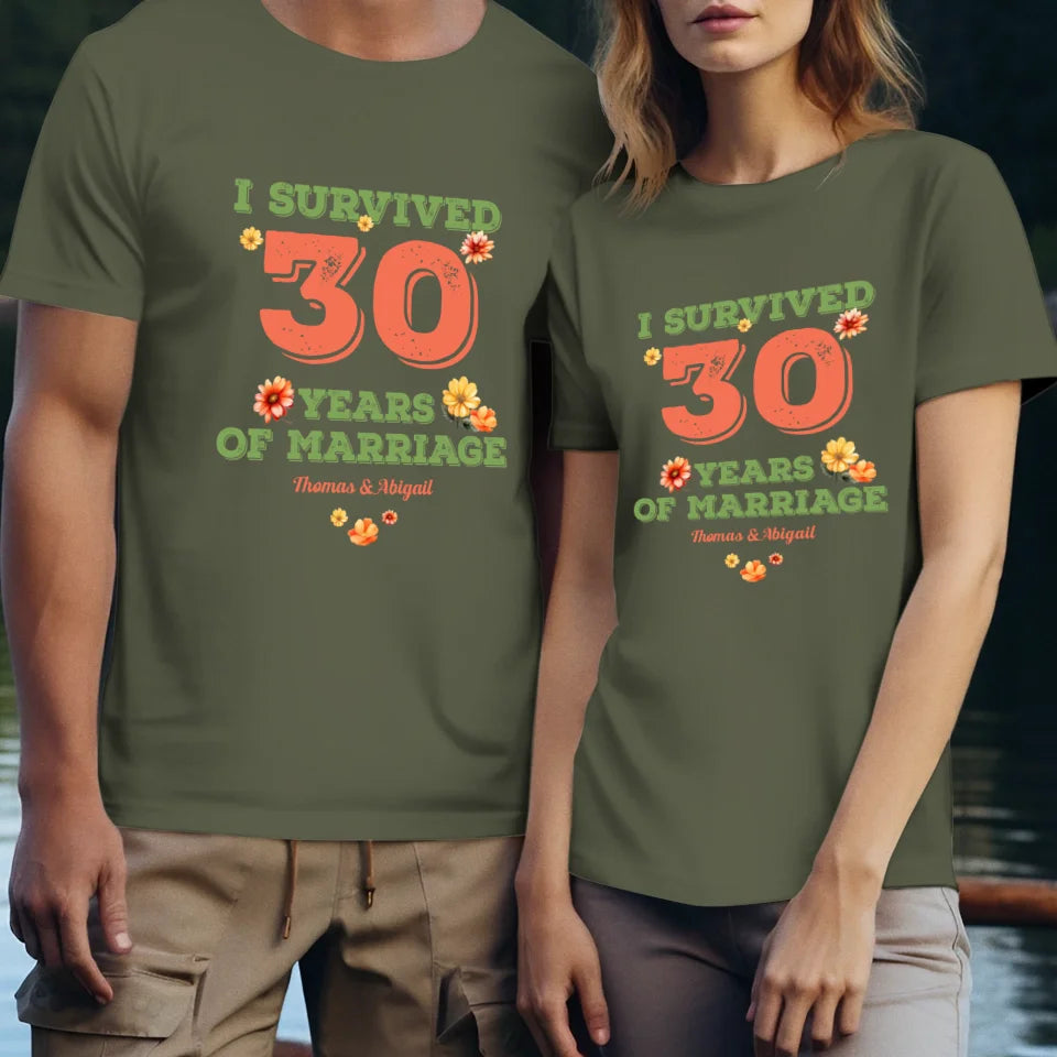 I Survived Years Of Marriage Retro Flowers - Personalized Gifts For Couples - Unisex T-Shirt