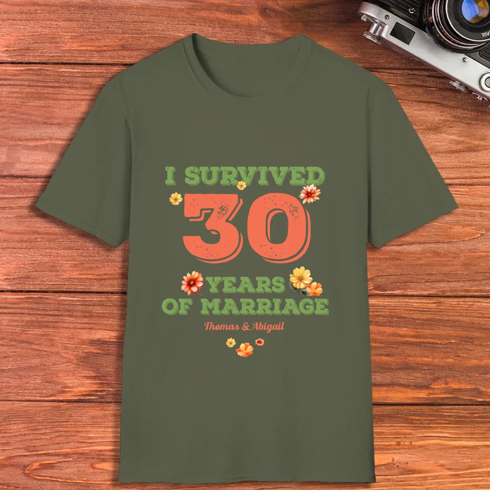 I Survived Years Of Marriage Retro Flowers - Personalized Gifts For Couples - Unisex T-Shirt