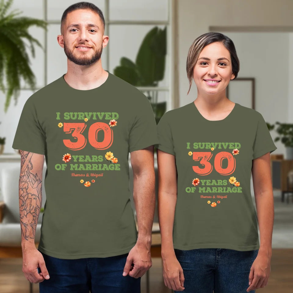 I Survived Years Of Marriage Retro Flowers - Personalized Gifts For Couples - Unisex T-Shirt