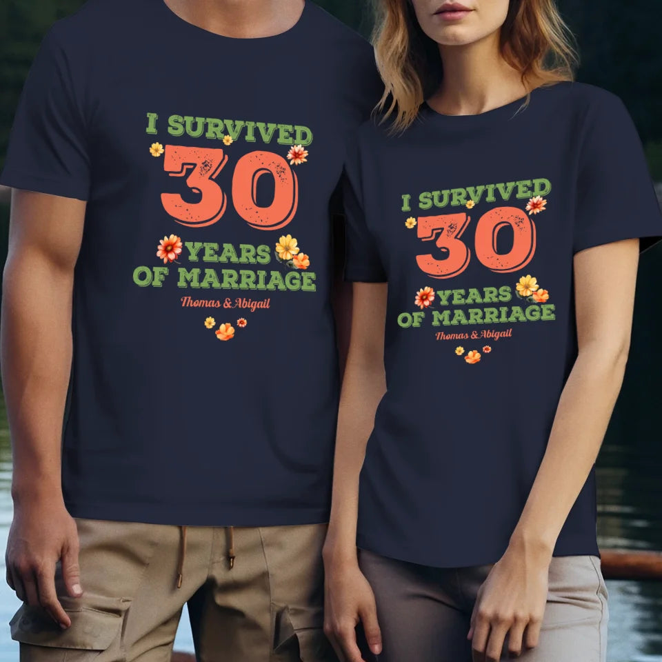 I Survived Years Of Marriage Retro Flowers - Personalized Gifts For Couples - Unisex T-Shirt