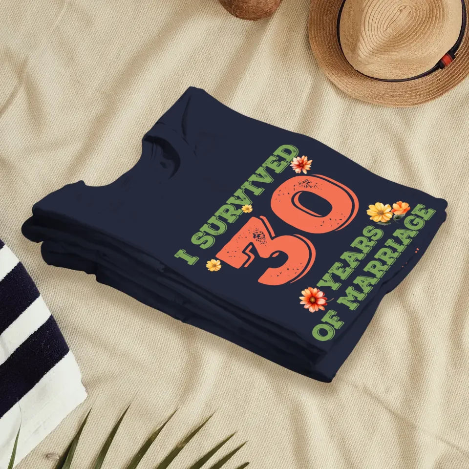 I Survived Years Of Marriage Retro Flowers - Personalized Gifts For Couples - Unisex T-Shirt