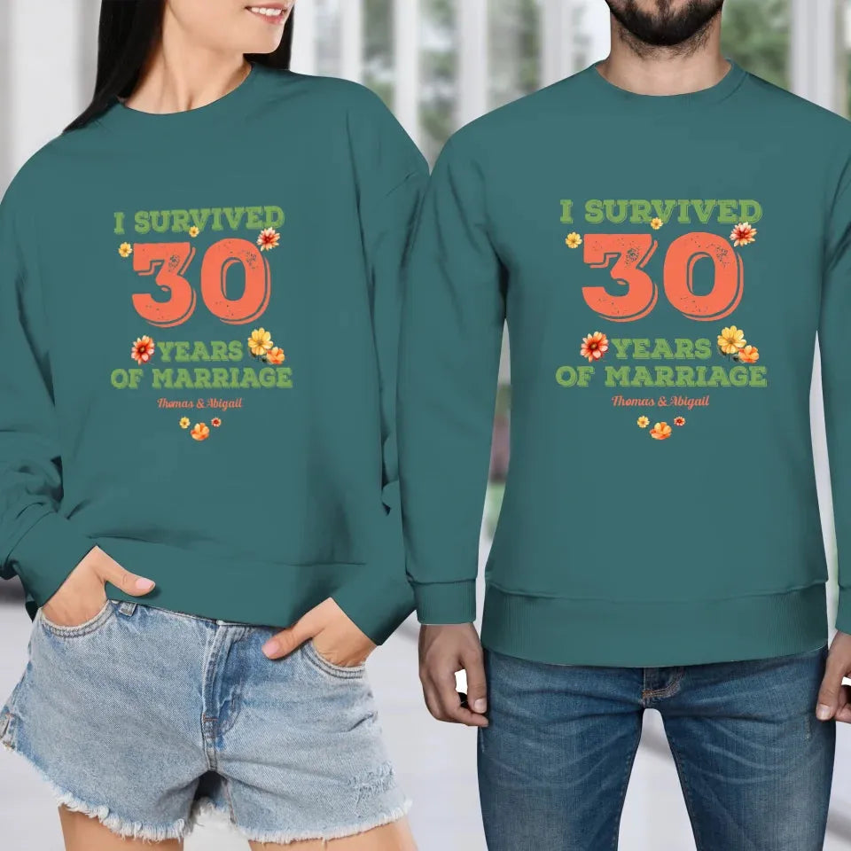 I Survived Years Of Marriage Retro Flowers - Personalized Gifts For Couples - Unisex Sweater