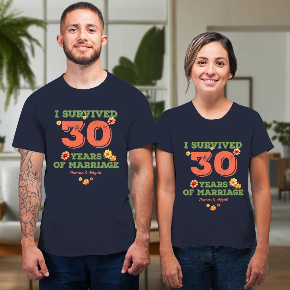 I Survived Years Of Marriage Retro Flowers - Personalized Gifts For Couples - Unisex T-Shirt