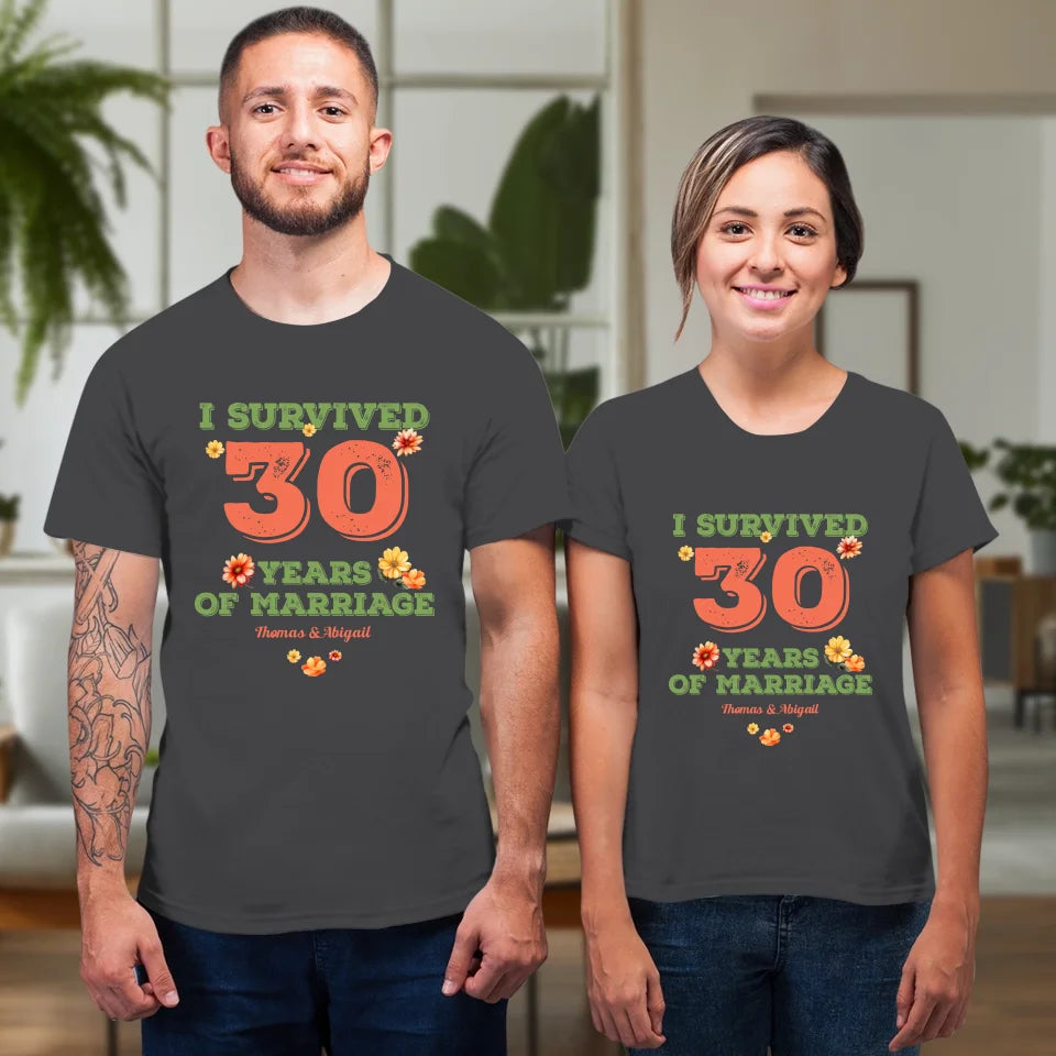 I Survived Years Of Marriage Retro Flowers - Personalized Gifts For Couples - Unisex T-Shirt