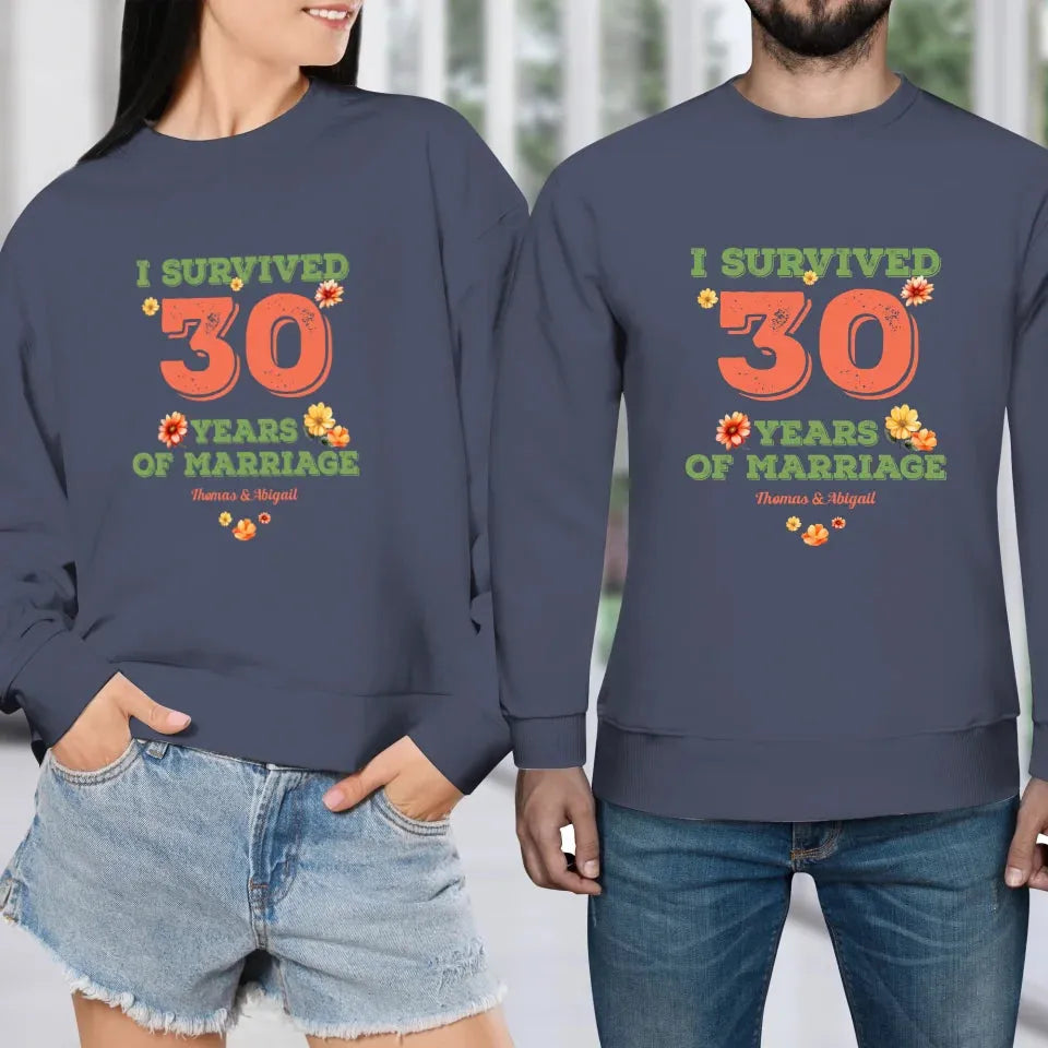 I Survived Years Of Marriage Retro Flowers - Personalized Gifts For Couples - Unisex Sweater