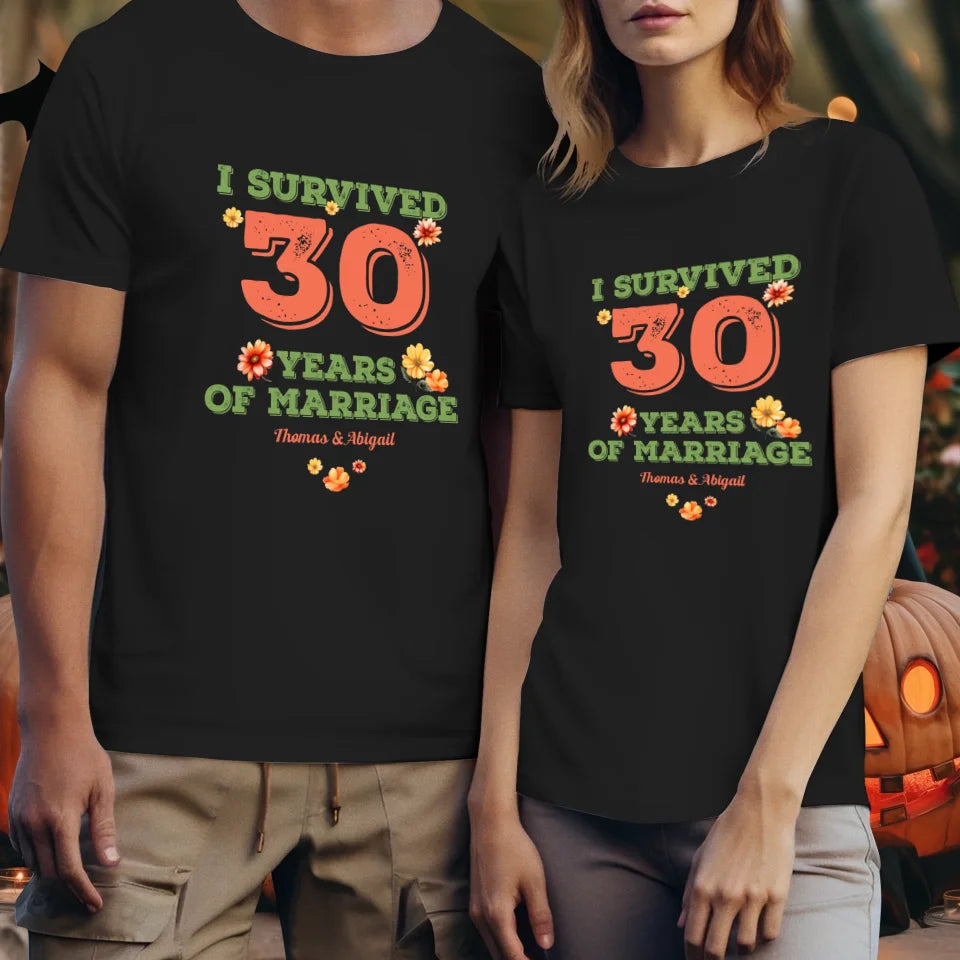 I Survived Years Of Marriage Retro Flowers - Personalized Gifts For Couples - Unisex T-Shirt