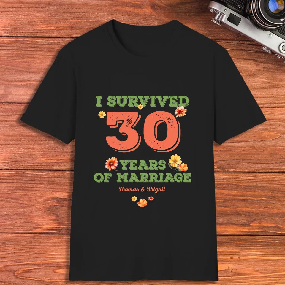 I Survived Years Of Marriage Retro Flowers - Personalized Gifts For Couples - Unisex T-Shirt