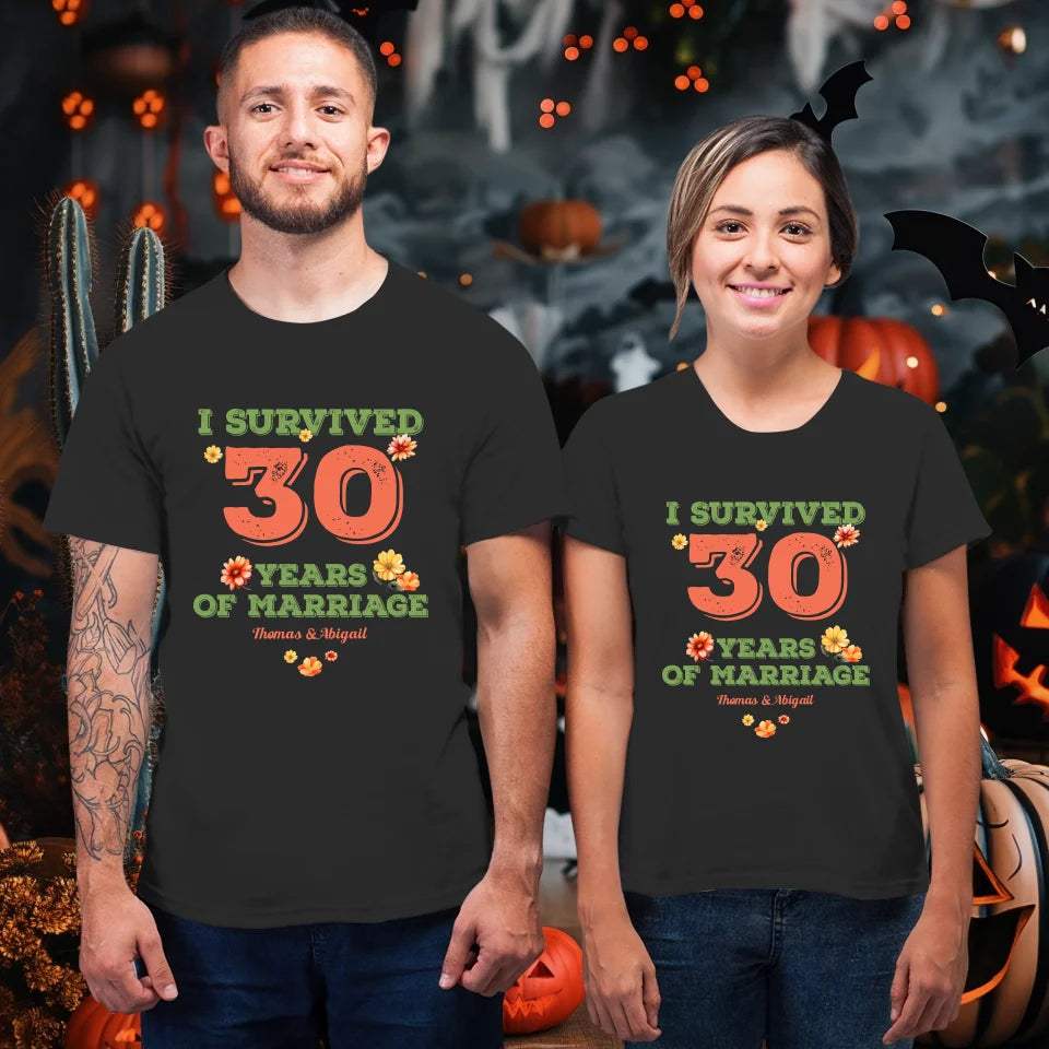 I Survived Years Of Marriage Retro Flowers - Personalized Gifts For Couples - Unisex T-Shirt